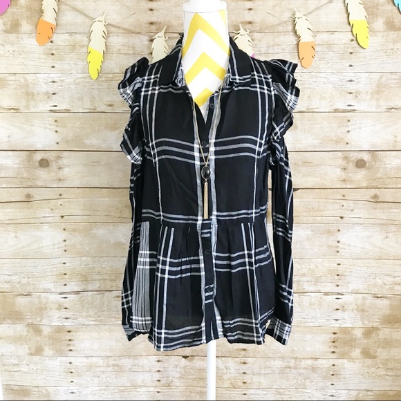 Checkered cold shoulder tunic blouse - Picture 1 of 4